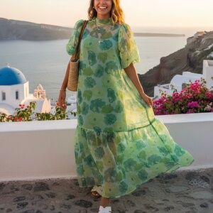 # A240  Nancy Cottagecore Green Floral Puff Sleeve Dress Tie Back Bow NWT S